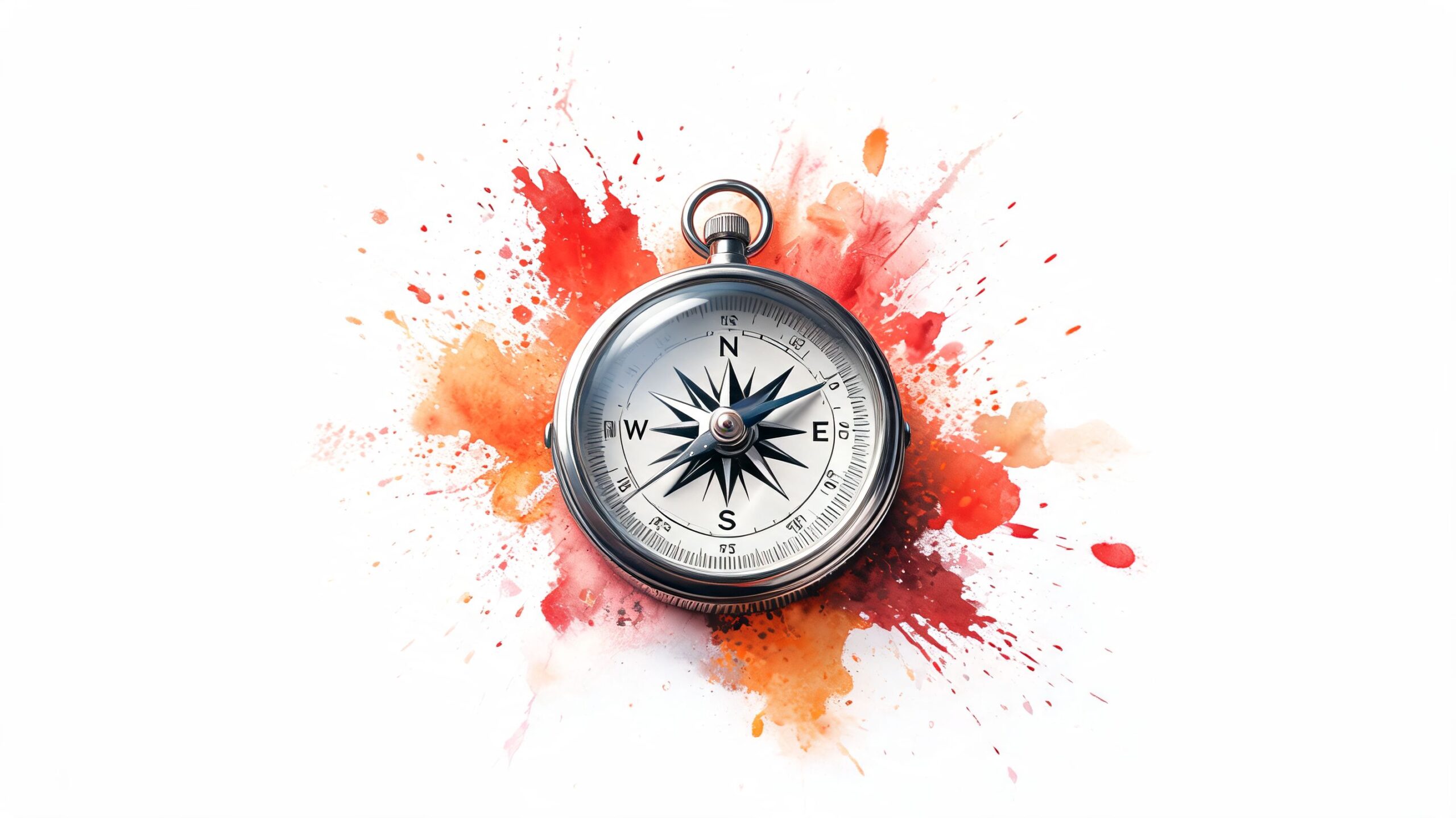 A silver vintage compass centered against a vibrant red and orange watercolor splash effect background