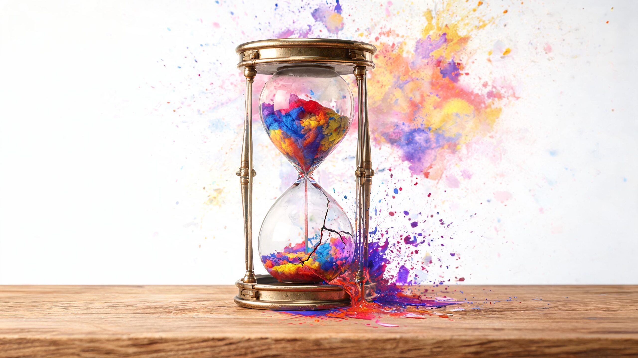 A broken hourglass spilling vibrant colorful powder onto a wooden surface against a paint splatter background.