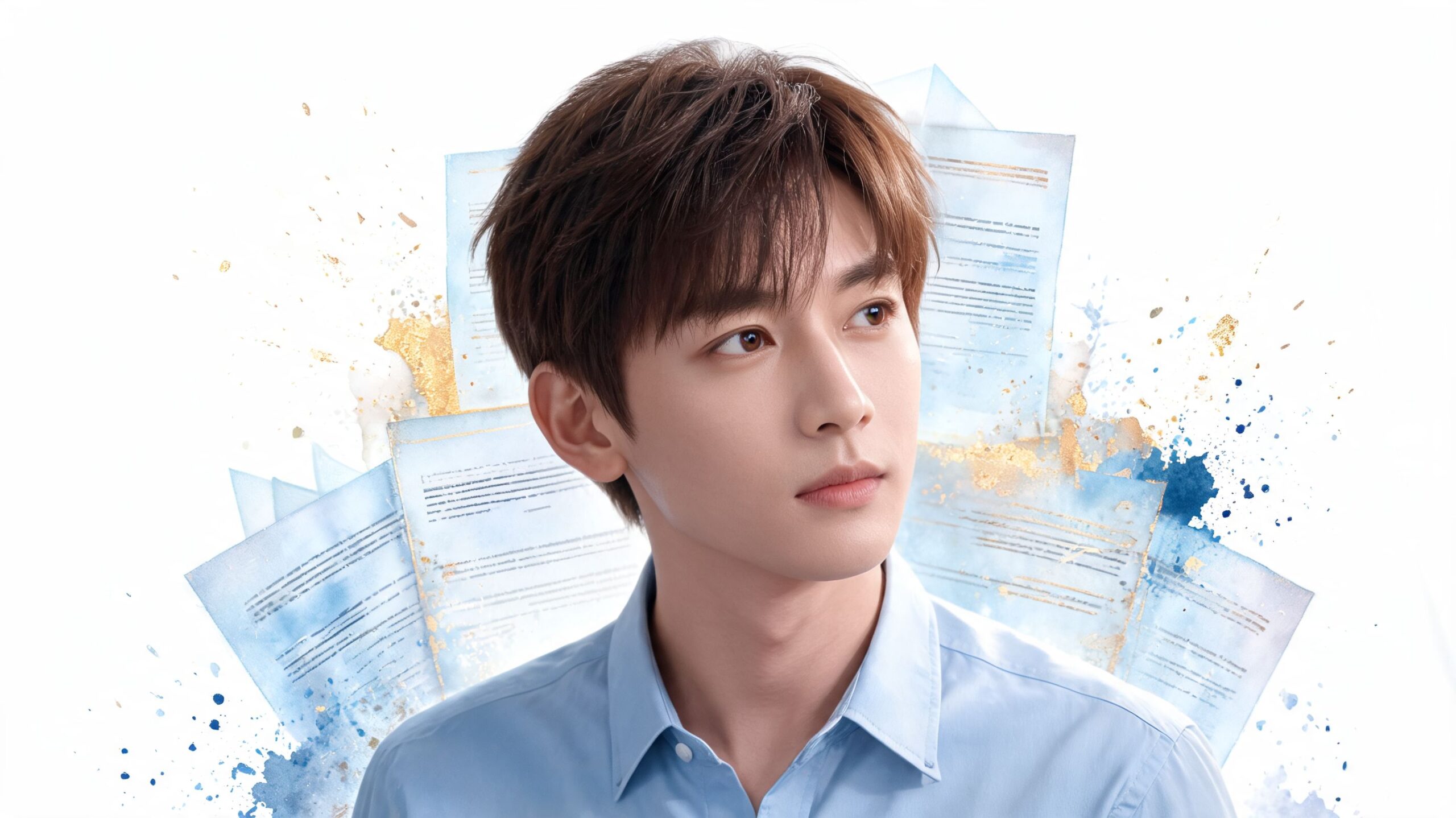 A young man with dark brown hair wearing a blue button-down shirt against an abstract background.