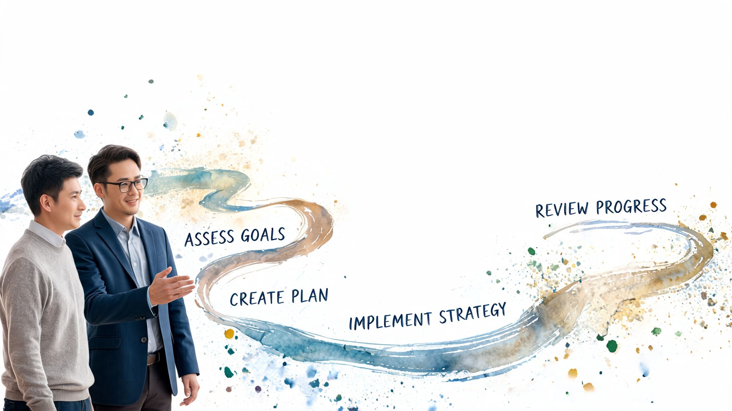 A professional man explaining a financial planning process diagram with four steps to his colleague.