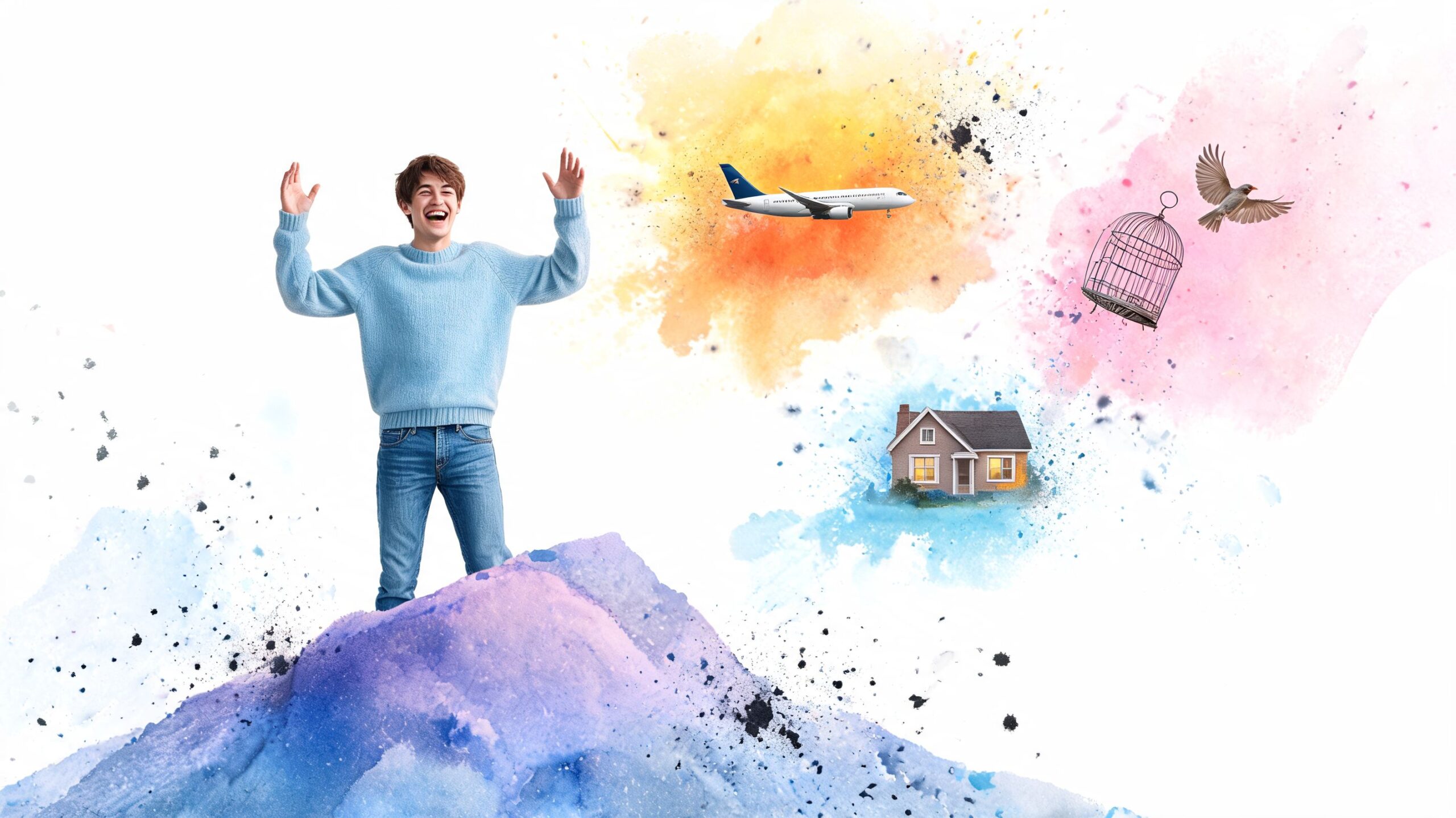 A happy young man standing on a purple hill with dreamlike icons of travel, home, and freedom.