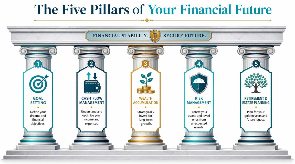 An infographic titled The Five Pillars of Your Financial Future, illustrating five key steps to financial success.