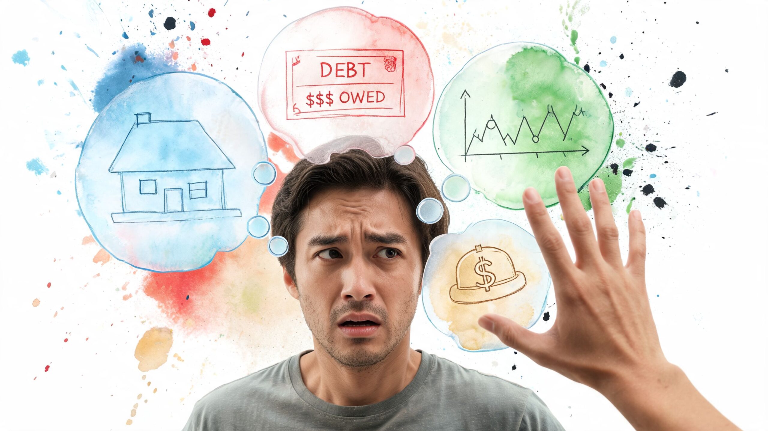 A concerned young man with abstract thought bubbles representing debt, housing, investments, and financial stress.