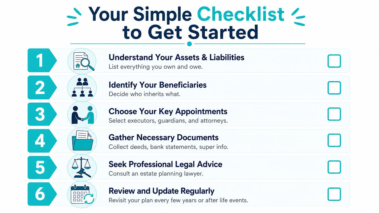 A checklist infographic titled Your Simple Checklist to Get Started with six steps for estate planning.