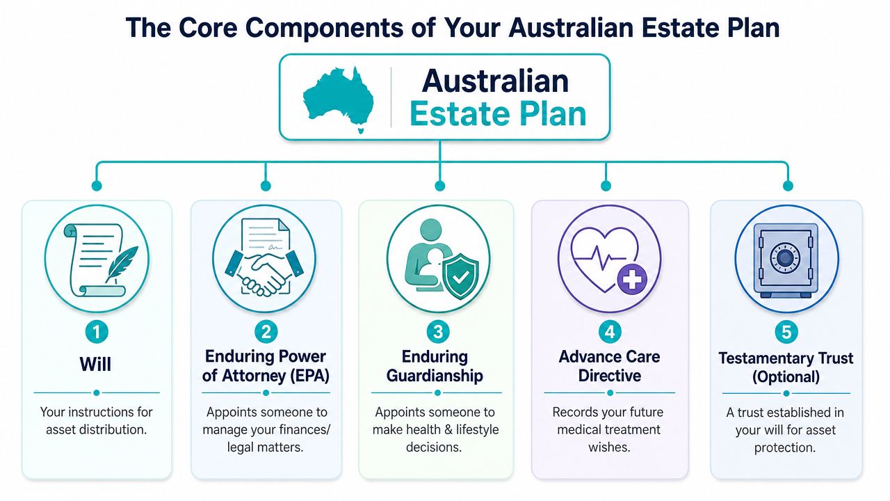 A diagram outlining the five core components of an Australian estate plan including wills and power of attorney.