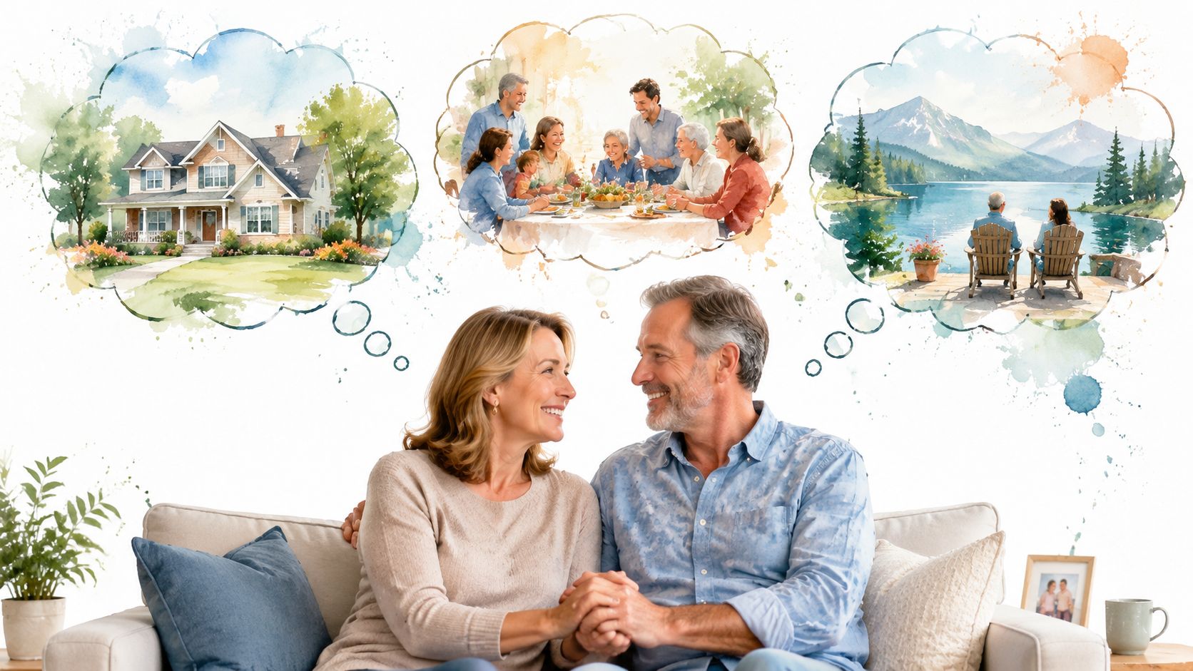 A happy middle-aged couple sitting on a couch envisioning their future retirement and family life goals.