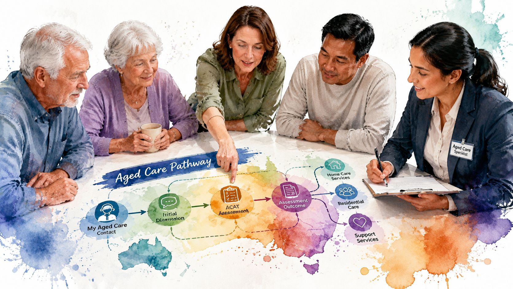 A diverse group of people discussing an aged care pathway infographic with an aged care specialist.