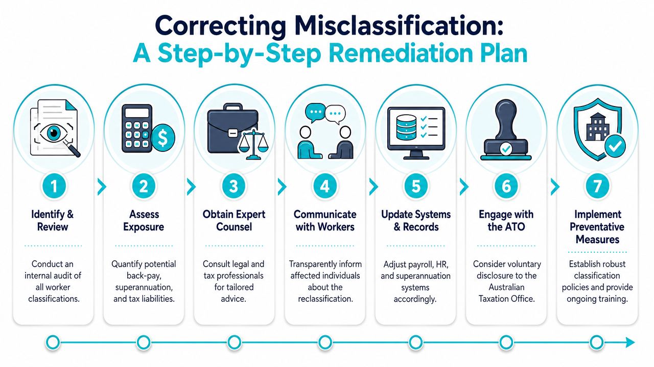 A seven-step remediation plan infographic detailing the process for correcting worker misclassification for tax and legal compliance.
