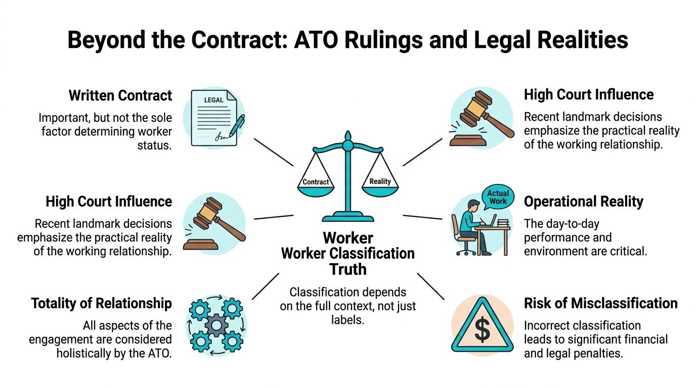 An infographic showing that worker classification relies on both written contracts and the actual operational reality.