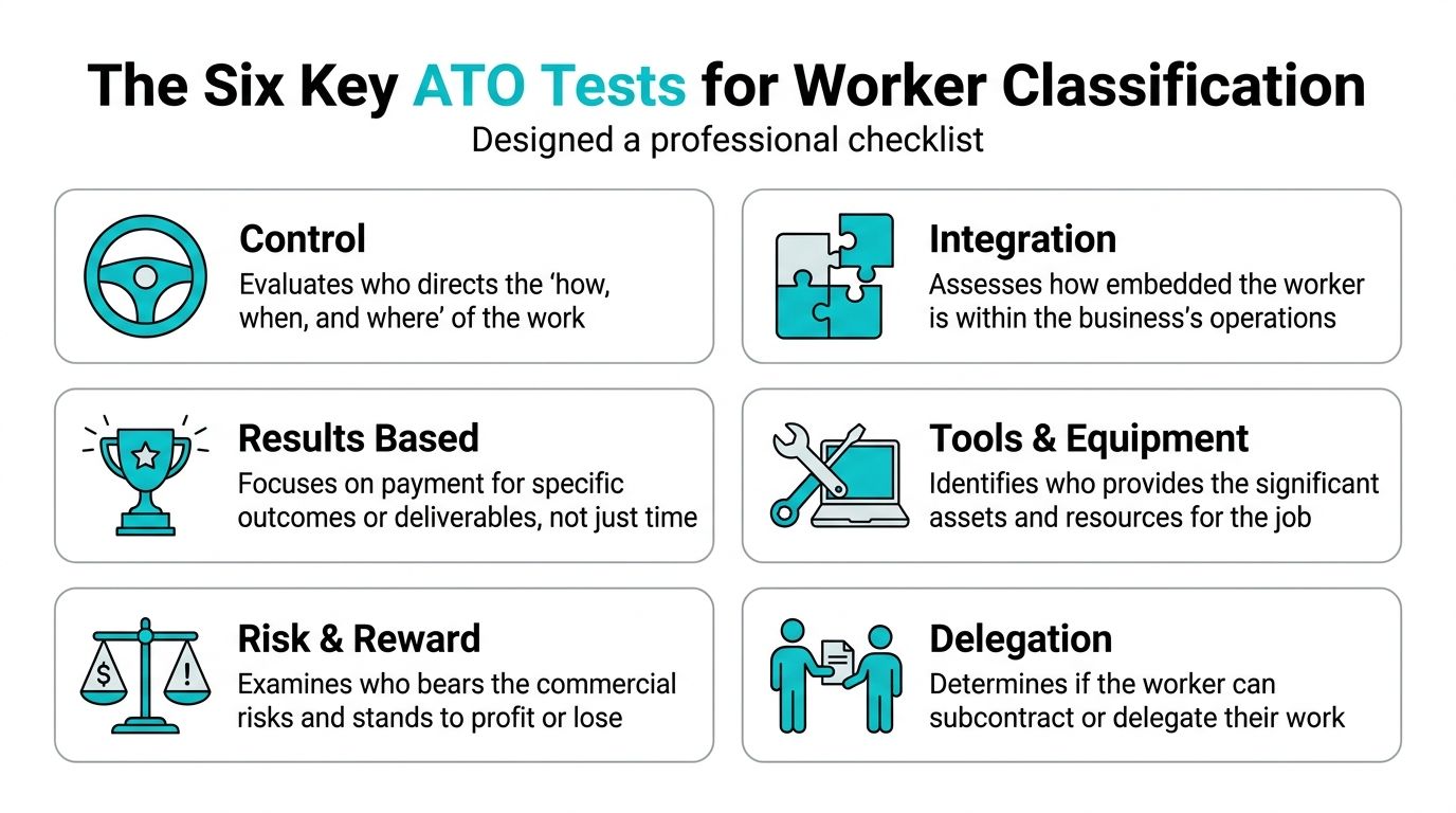 An infographic titled The Six Key ATO Tests for Worker Classification, outlining criteria for determining employment status.