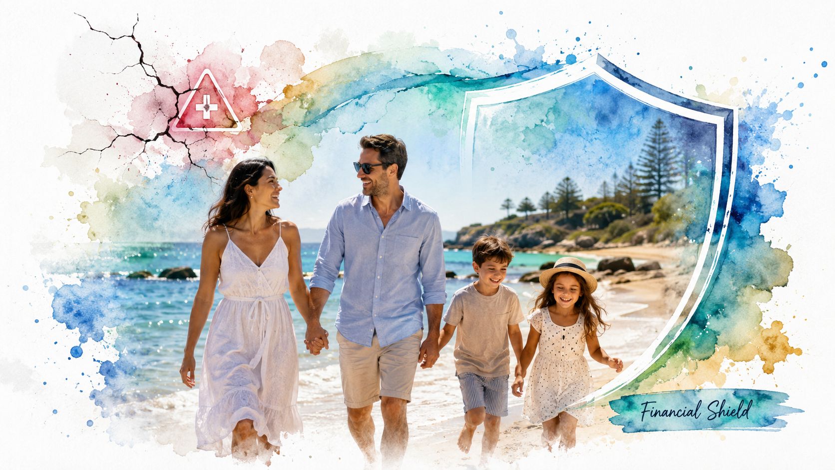 A happy family walking together on a sunny beach, symbolizing financial security and protected life.