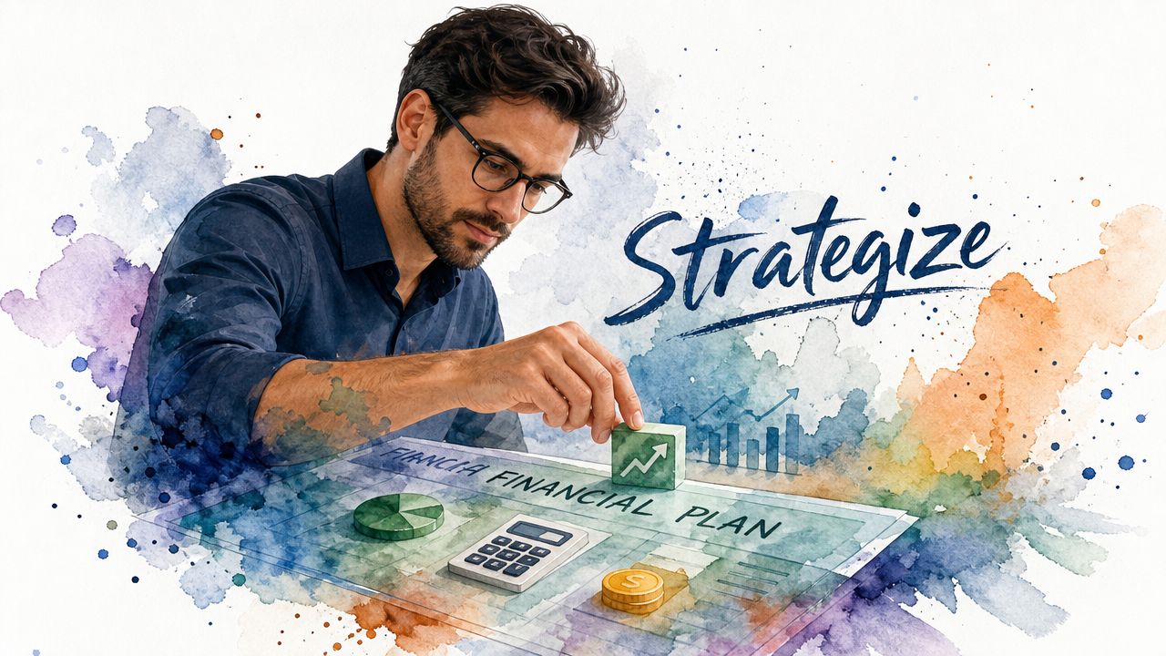 A professional man placing a green block on a financial plan chart to symbolize strategic investment planning.