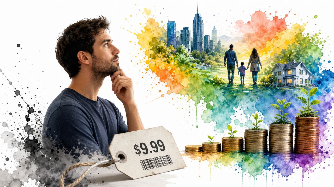 A thoughtful man considers personal finance, property ownership, and family planning alongside a $9.99 price tag.