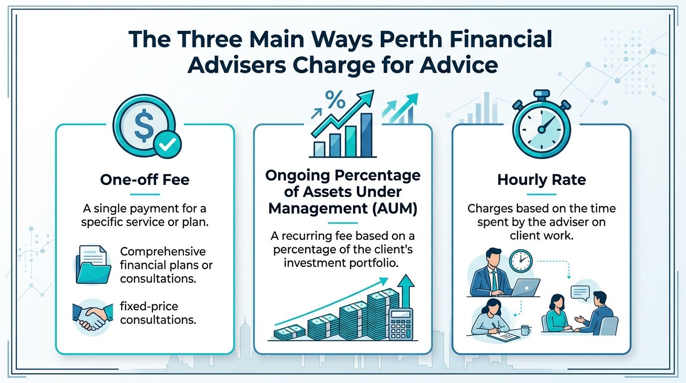 An infographic detailing the three main payment methods for Perth financial advisors: one-off fees, AUM percentages, and hourly rates.