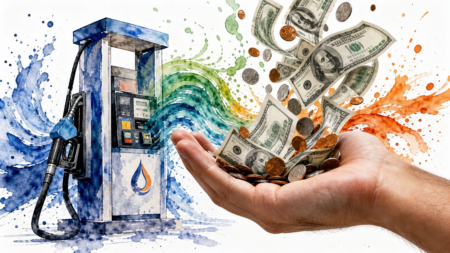 A watercolor-style illustration showing a fuel pump spraying money into an open human hand.