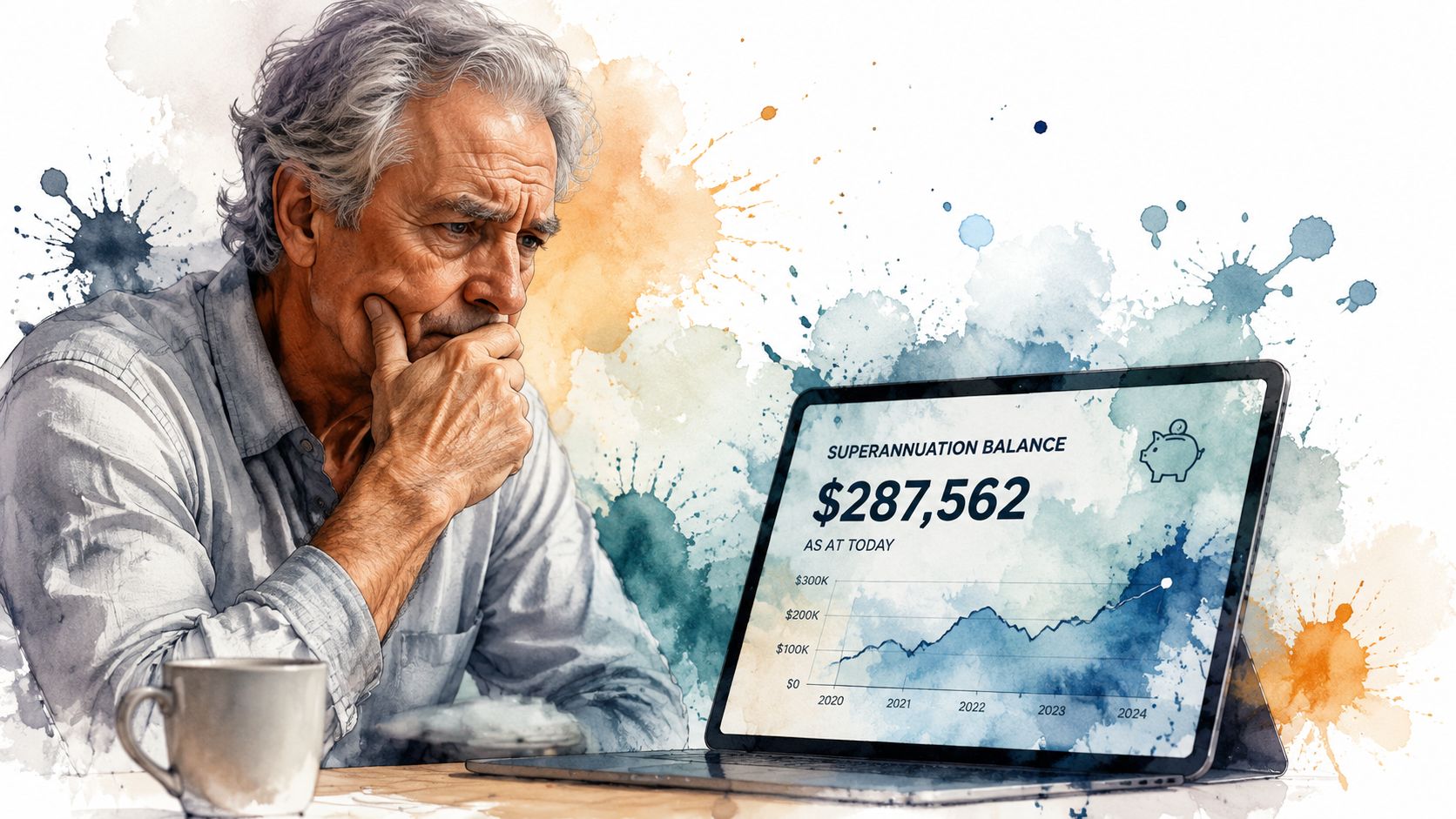 An older man thoughtfully looking at his superannuation balance of $287,562 on a digital tablet screen.