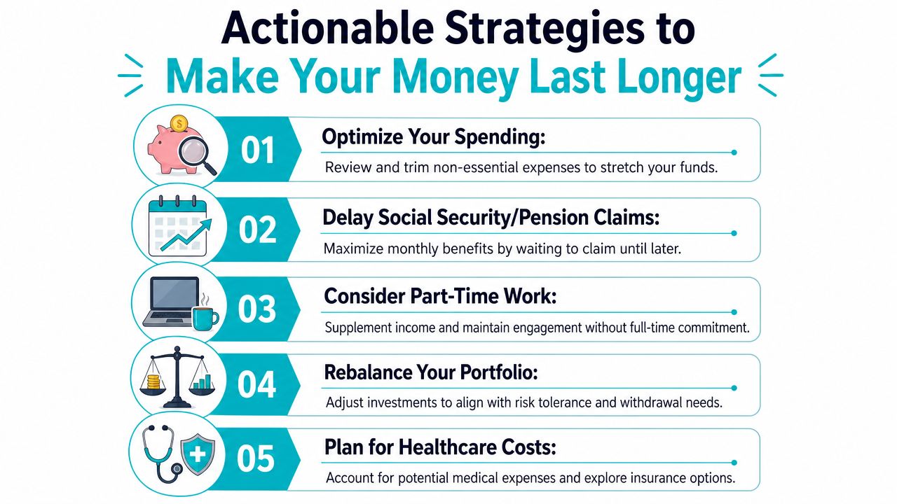 An infographic titled Actionable Strategies to Make Your Money Last Longer listing five financial planning tips.