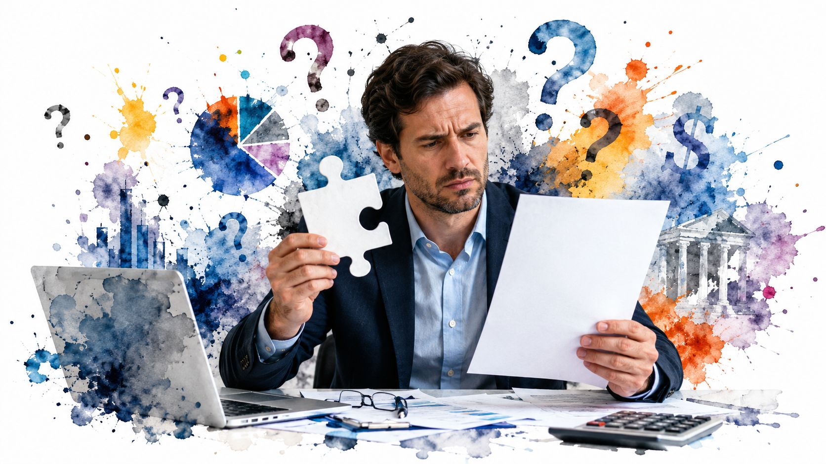 A focused professional man looking at documents and a puzzle piece in a stylized office workspace.