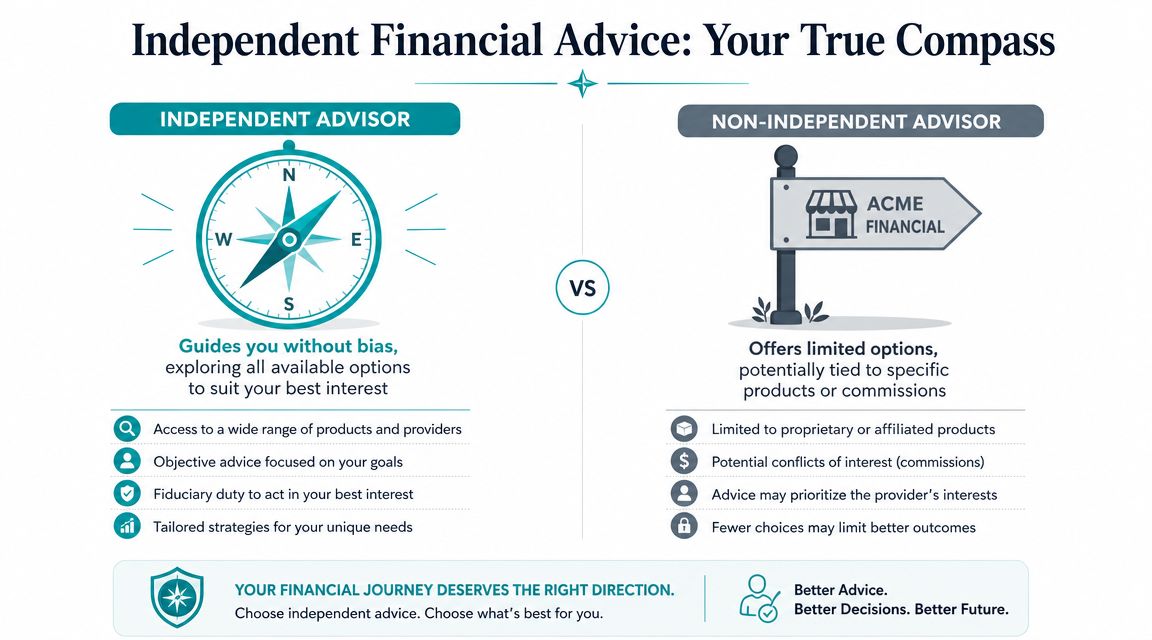 A comparison chart showing benefits of independent financial advisors versus non-independent advisors for making investment decisions.