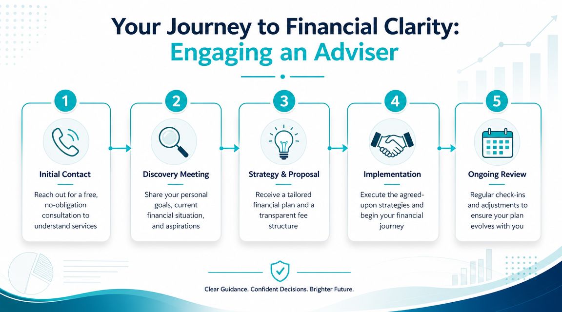 A five-step infographic detailing the process of engaging a financial adviser for financial planning and guidance.