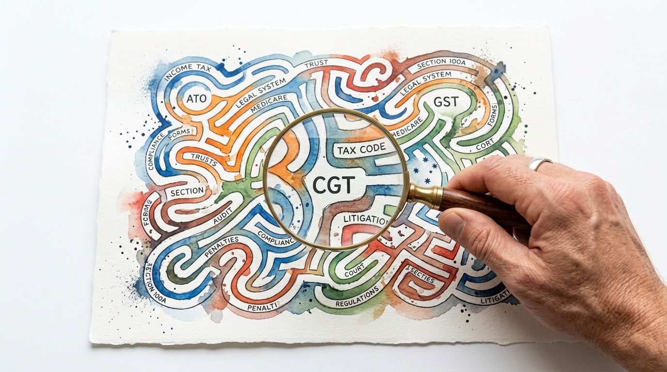A magnifying glass held over a watercolor map illustrating complex tax and legal financial concepts.
