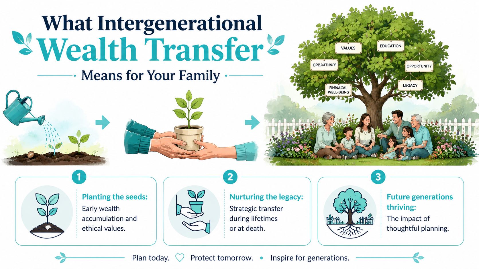An infographic illustrating the three steps of intergenerational wealth transfer, from early planning to future family legacy.