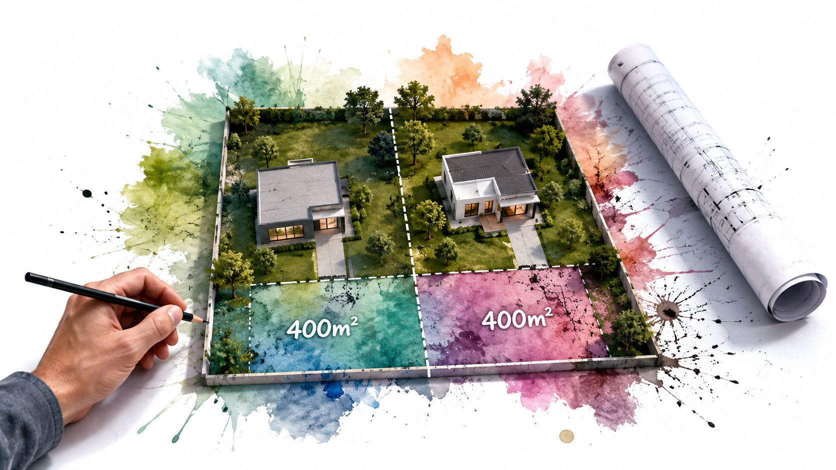 Architect hand drawing a plan of two residential plots each marked as 400 square meters