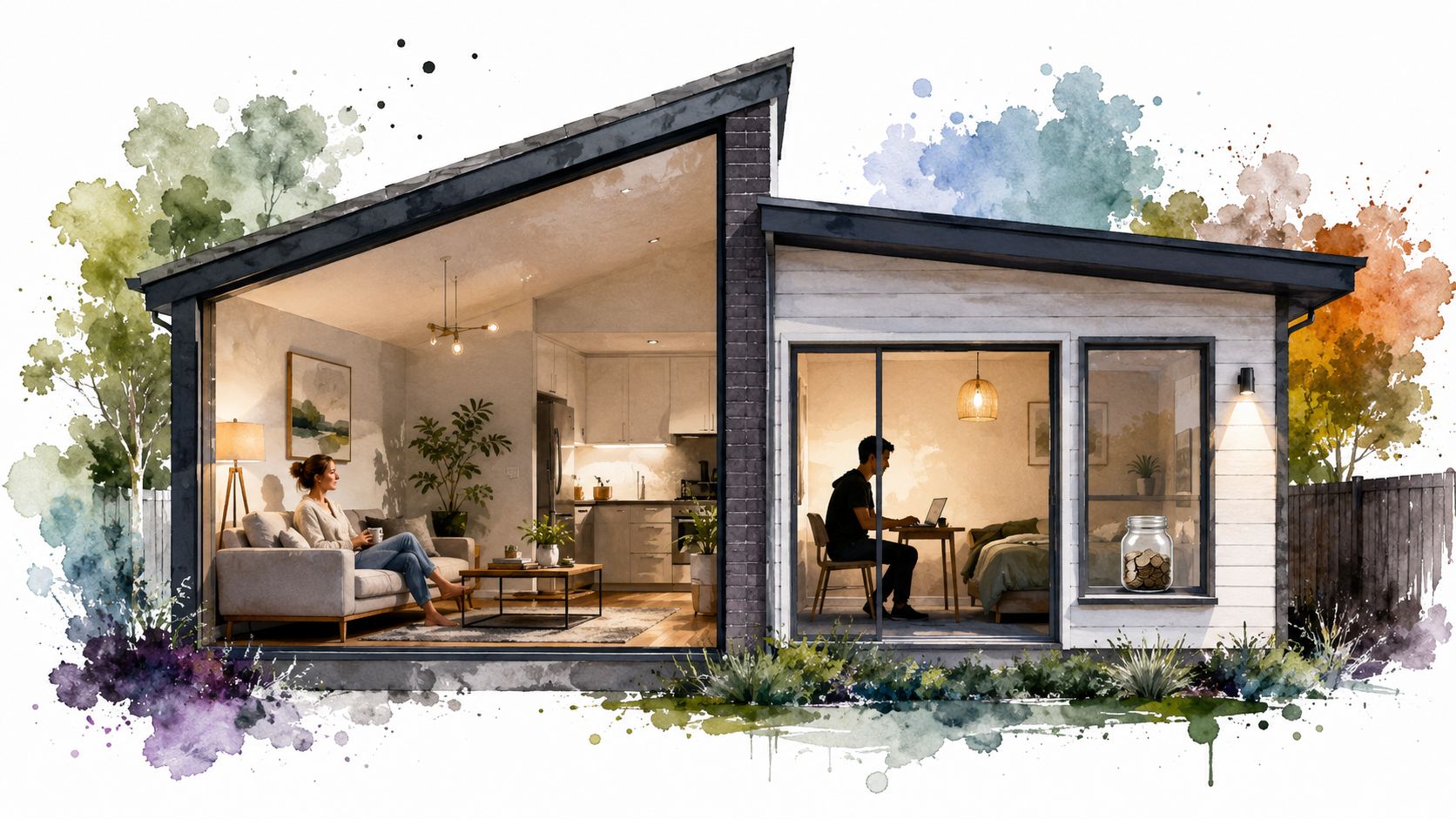 A split view showing a couple in a modern home, representing investment property strategies and home workspace.