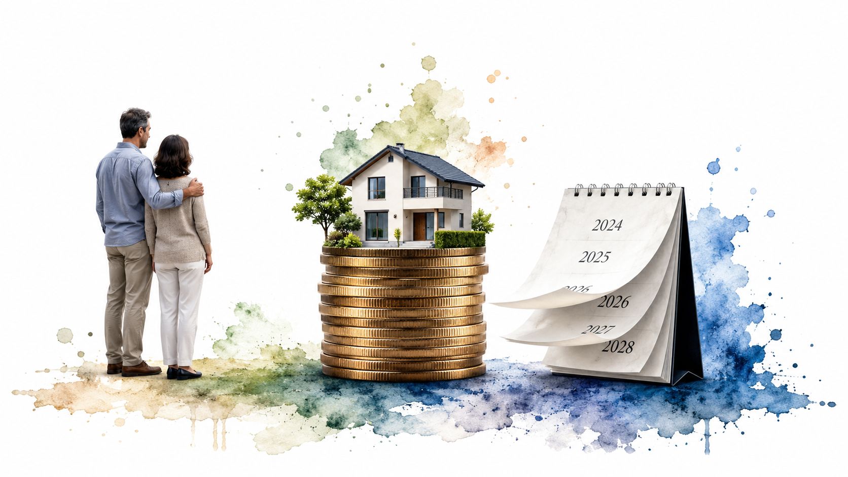 A couple looks at a house model atop a stack of coins next to a calendar.