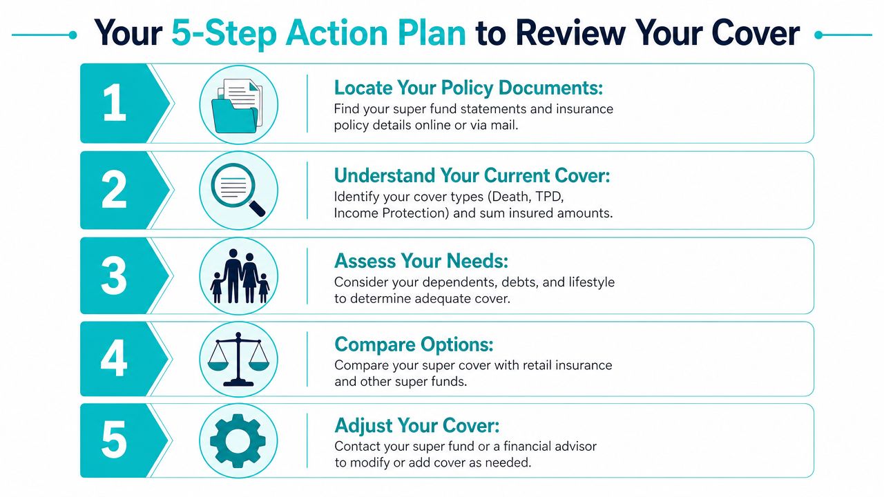 A 5-step action plan for reviewing life insurance cover through a superannuation fund, presented as a clear infographic.