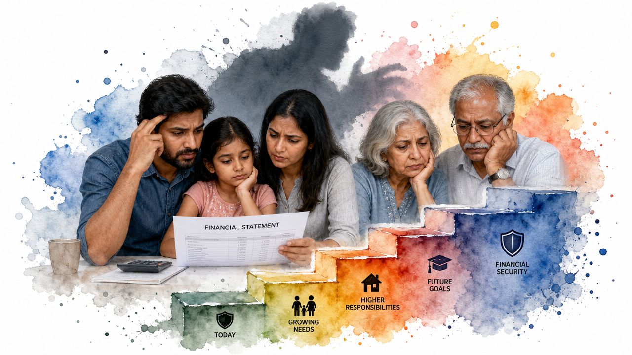 A multi-generational family sitting together reviewing a financial statement with a metaphorical step-by-step path to financial security.