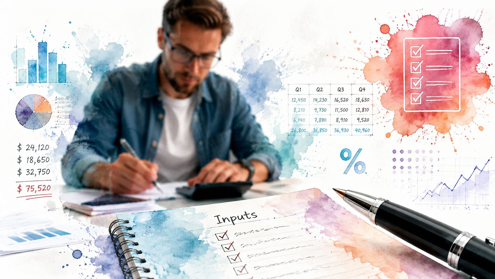 A professional analyzing financial data and mortgage calculations using charts and a notepad at his desk.