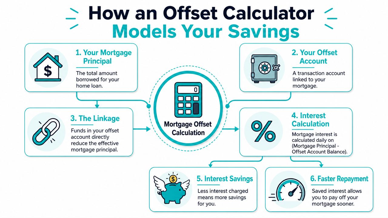 A diagram illustrating how a mortgage offset account calculator models interest savings and faster loan repayment.