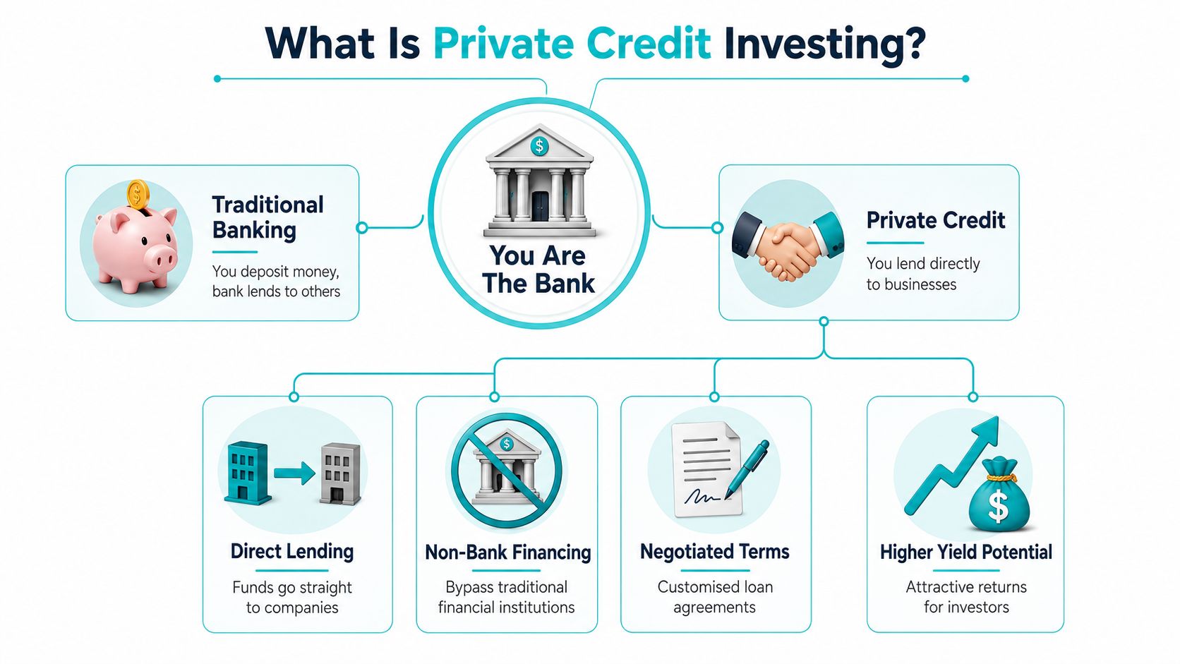 A diagram explaining private credit investing where investors act as the bank to lend directly to businesses.