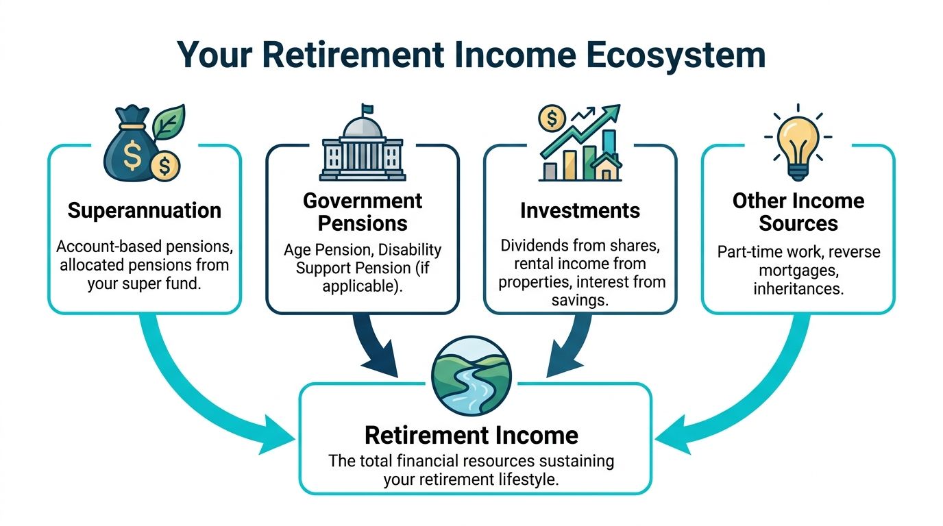 A diagram illustrating the four main sources of retirement income in an Australian financial ecosystem.