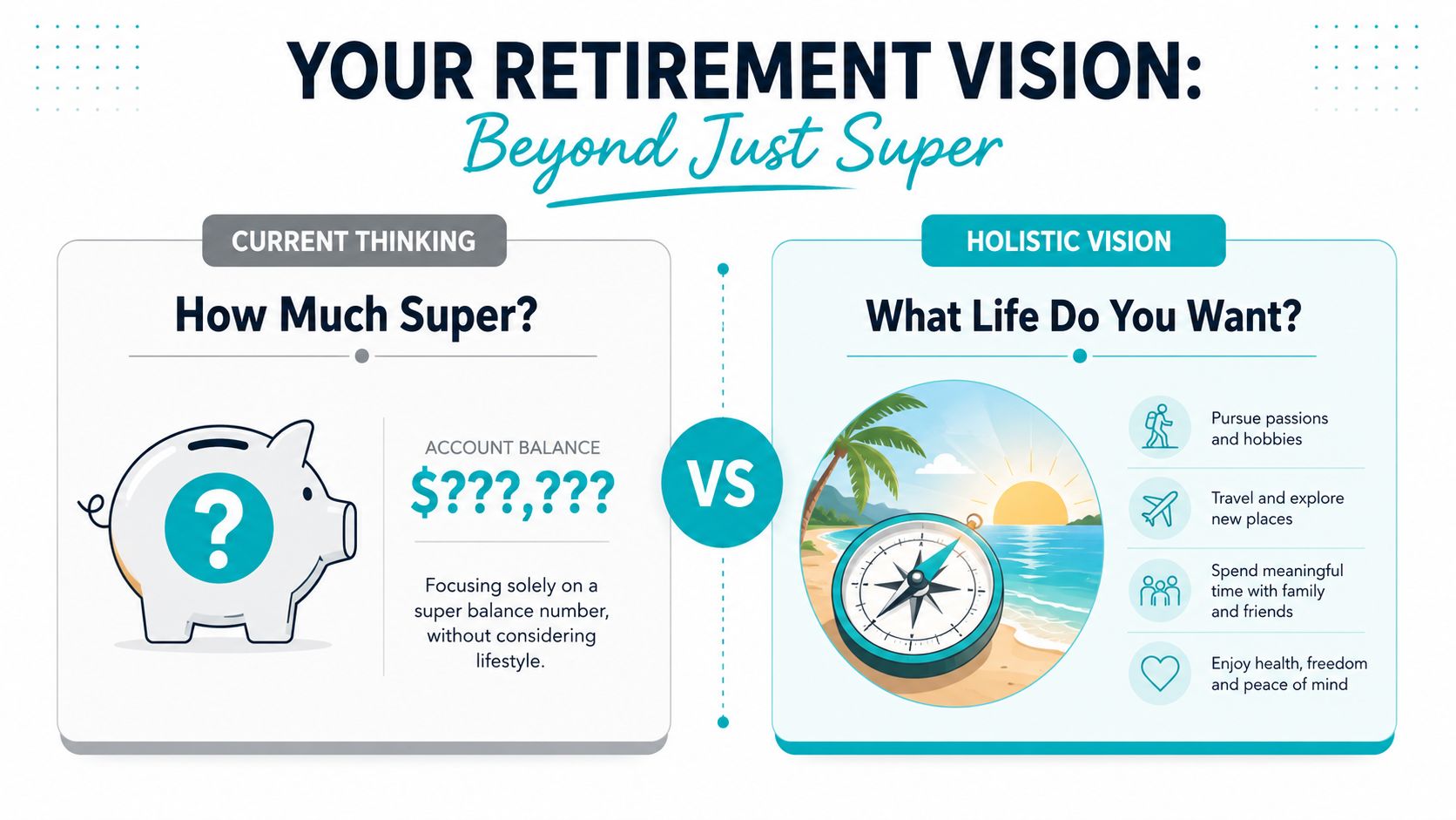 A comparison between focusing only on superannuation balance versus creating a holistic retirement lifestyle plan.