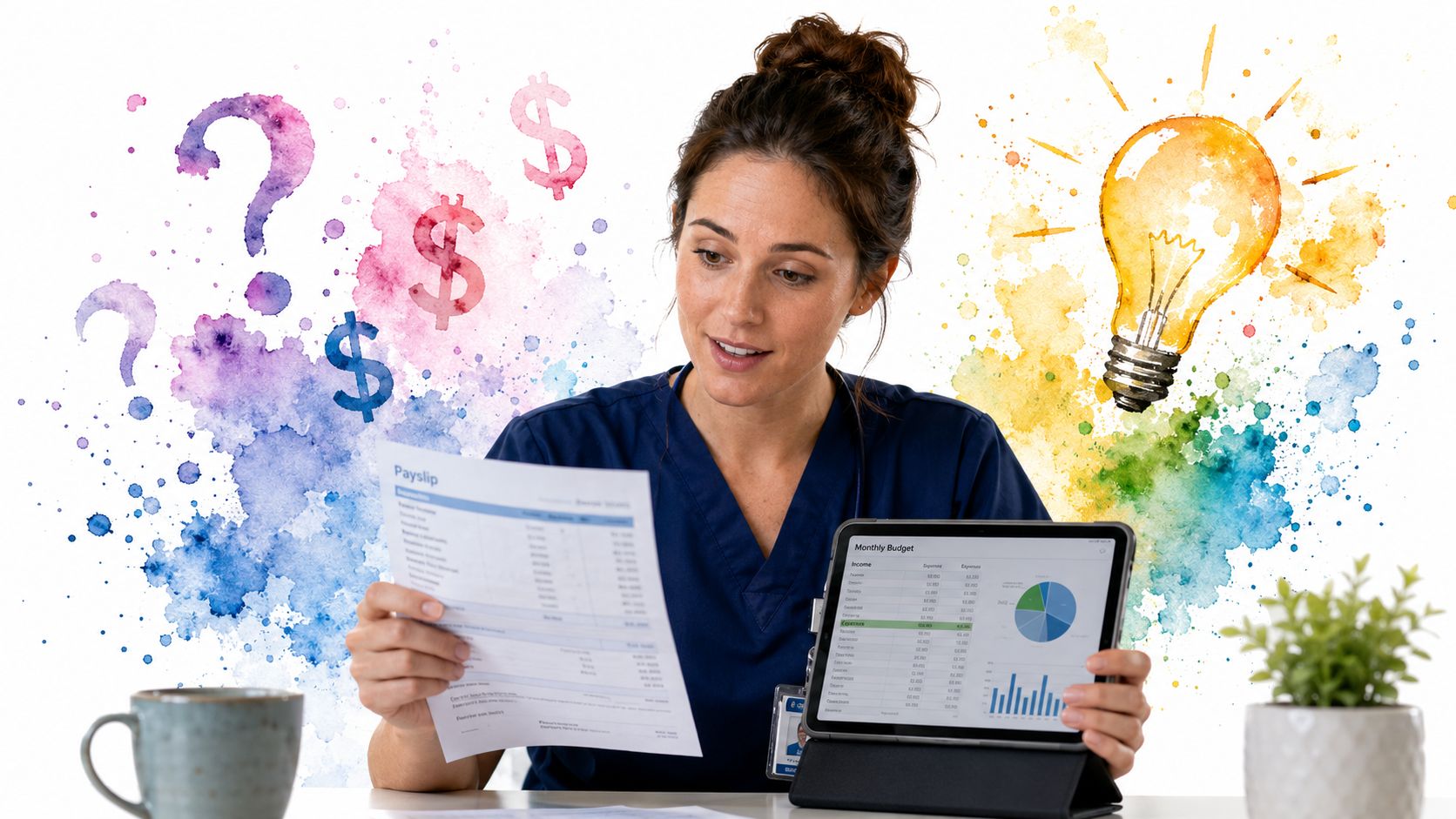 A female healthcare professional analyzing her payslip and a monthly budget on a tablet to manage finances.