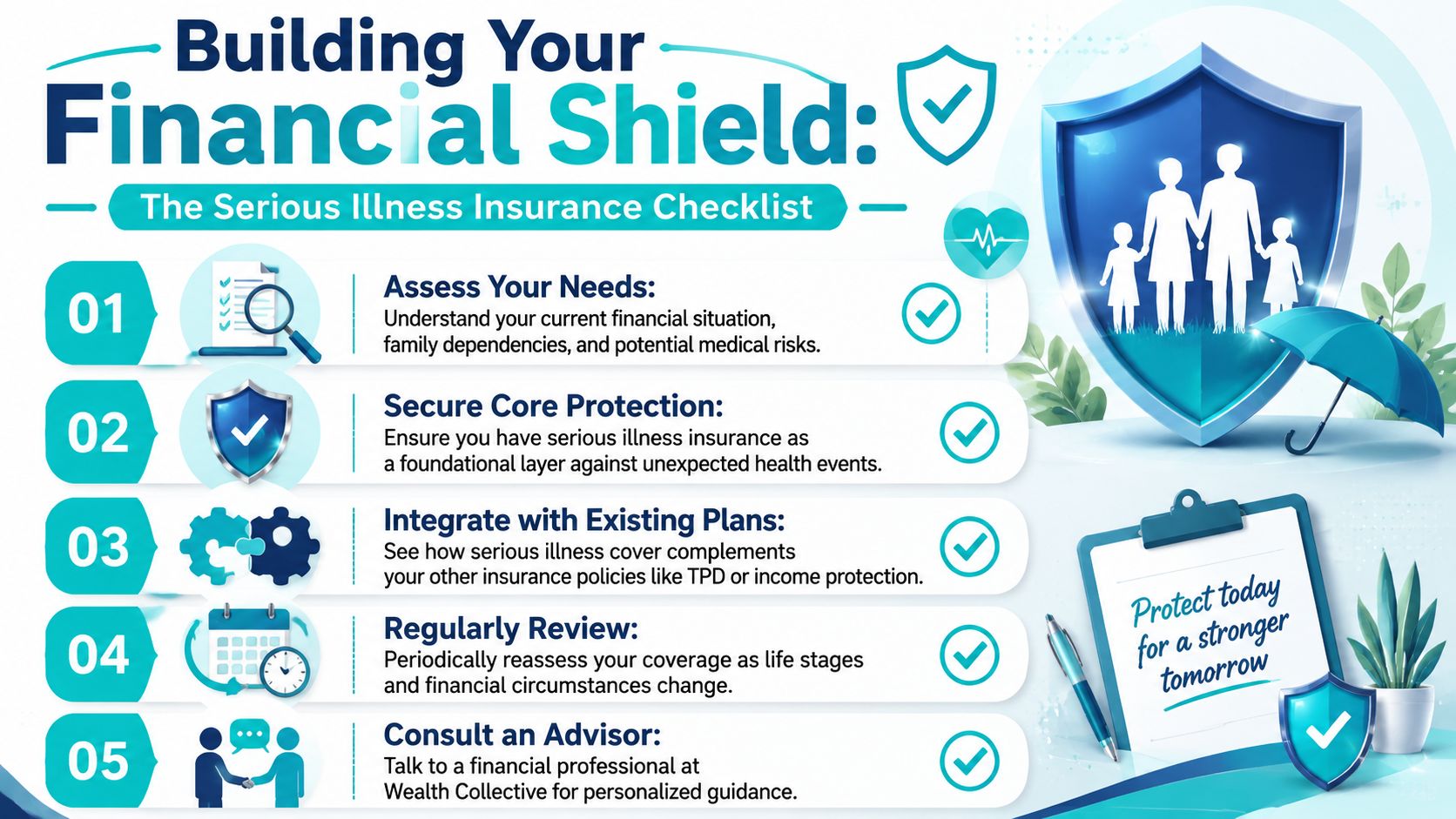 A five-step checklist illustrating how to build a financial shield with serious illness insurance for family protection.