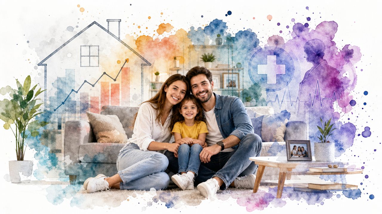 A happy family sitting together on their living room floor with watercolor illustrations of home and healthcare.