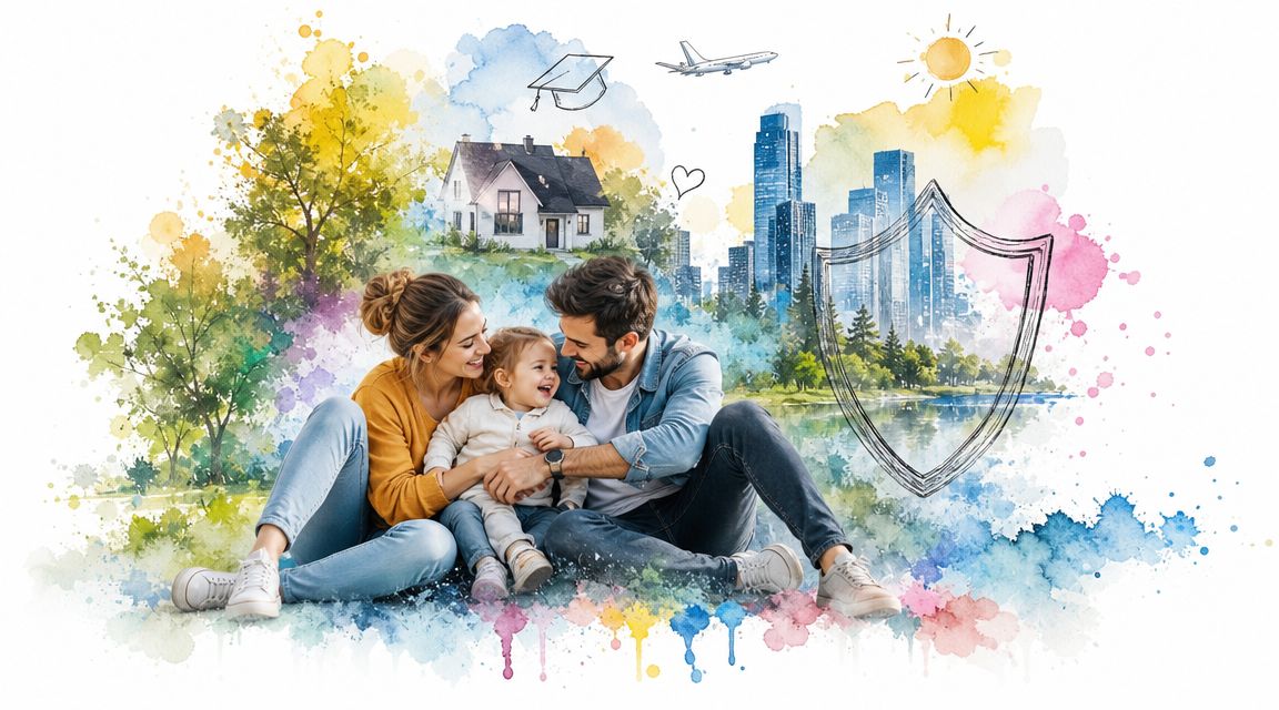 A happy family sitting together outdoors with watercolor illustrations of a home, city, and protective shield.