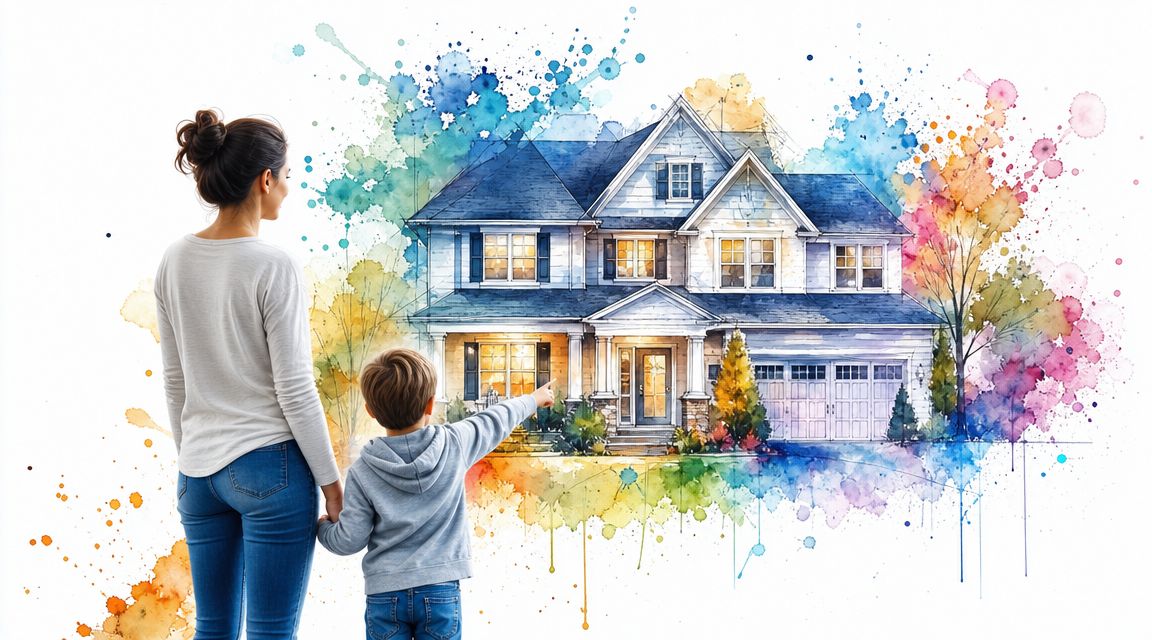 A mother and her young son looking at a colorful watercolor illustration of a beautiful house.