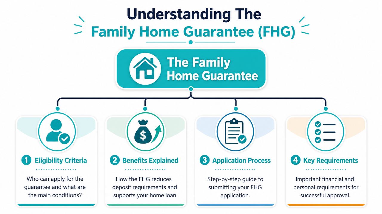 An infographic titled Understanding the Family Home Guarantee outlining four key sections regarding the government home loan scheme.