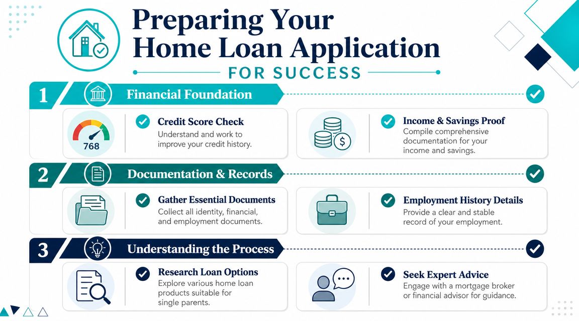 An infographic titled Preparing Your Home Loan Application for Success outlining three steps for financial success.