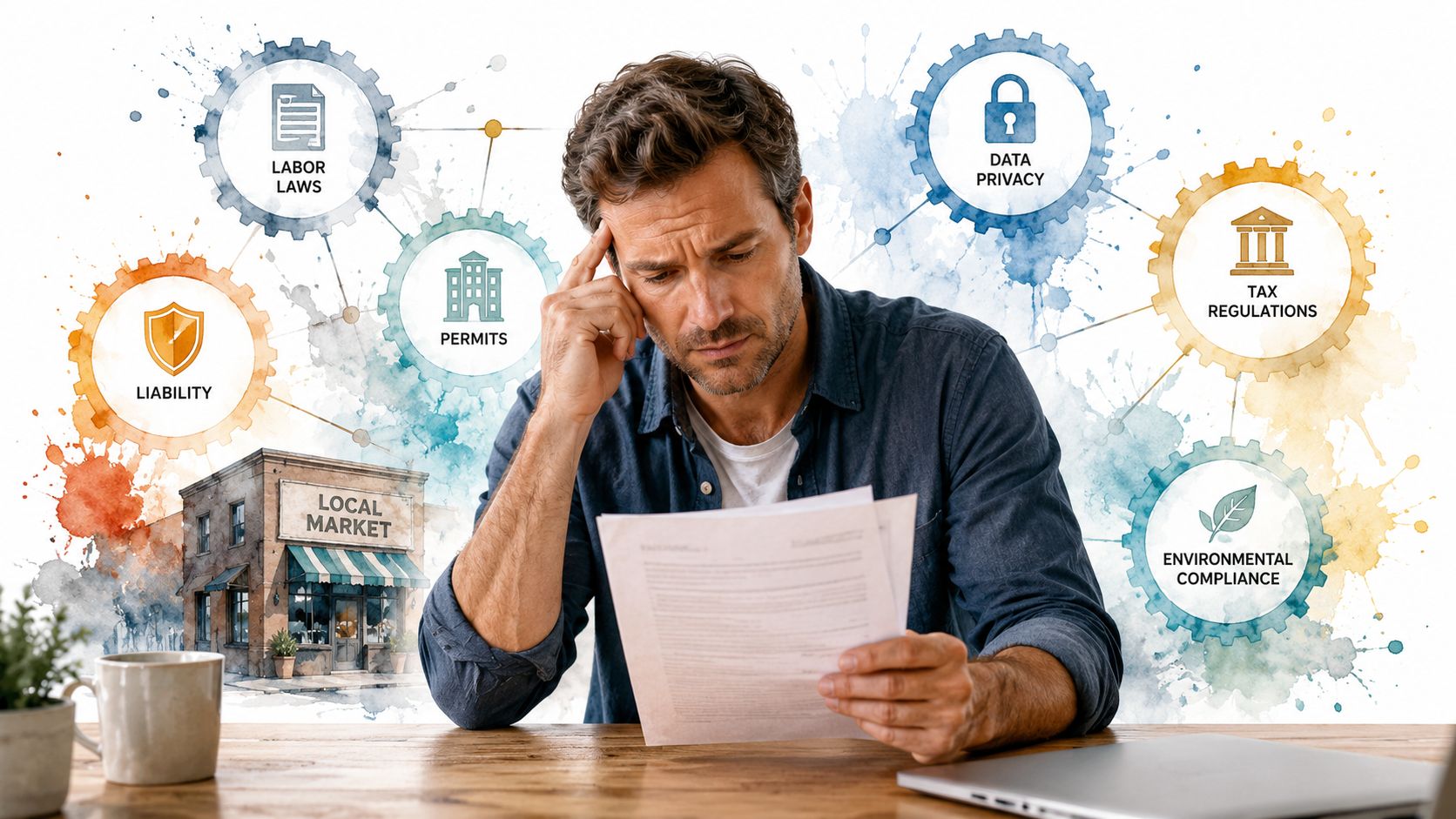 A stressed entrepreneur reviews documents while considering complex regulatory requirements for his local market business.