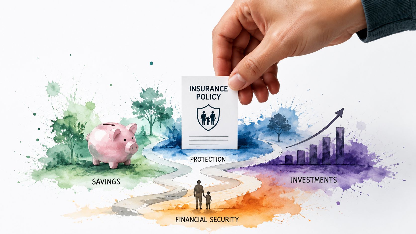 A hand placing an insurance policy document above a conceptual illustration of financial planning paths and security.