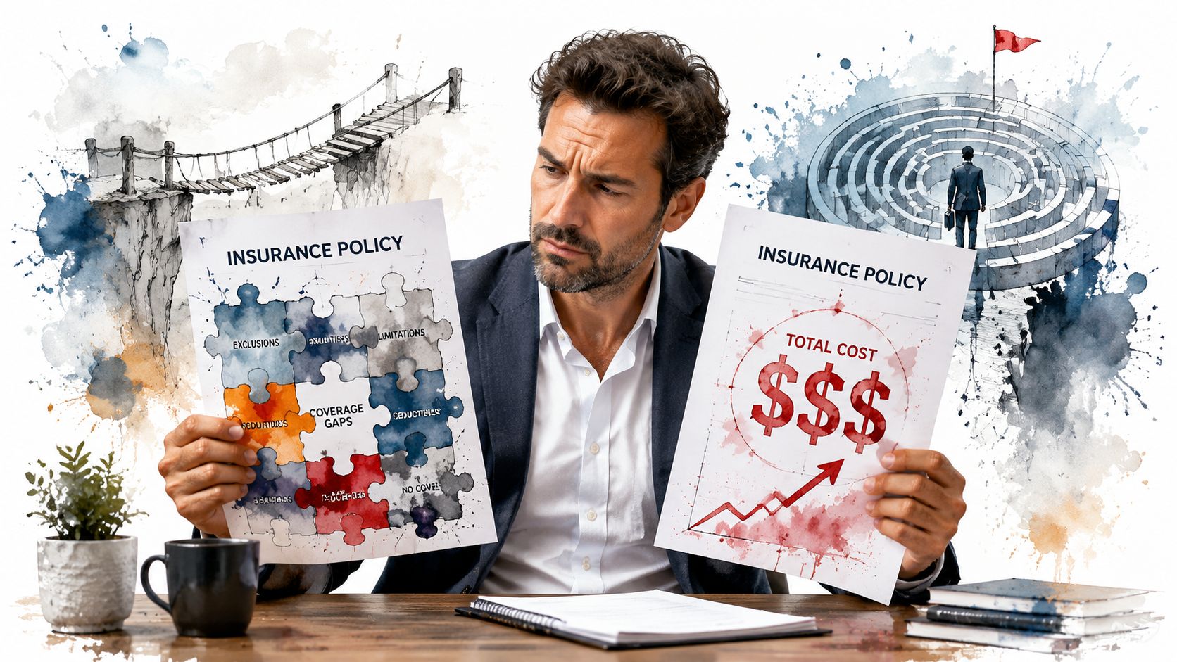 A concerned professional holding documents depicting complex insurance policies, coverage gaps, and rising financial costs.