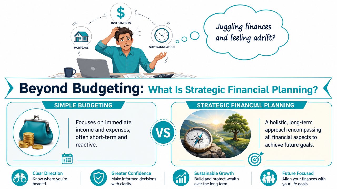 A person feeling overwhelmed by finances, highlighting the difference between simple budgeting and strategic financial planning.