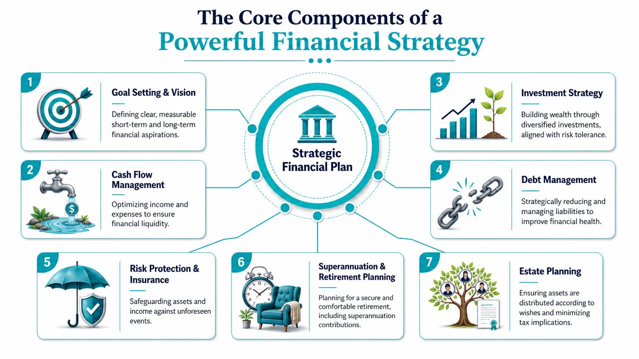 A diagram illustrating the core components of a strategic financial plan, including goal setting, investments, and estate planning.