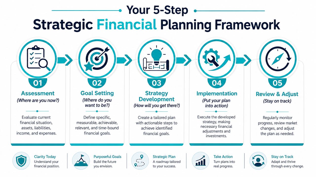 A five-step strategic financial planning framework chart showing assessment, goal setting, strategy development, implementation, and review processes.