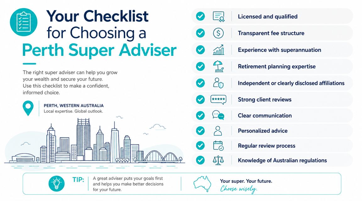A checklist for choosing a professional superannuation adviser in Perth, Western Australia, highlighting essential selection criteria.